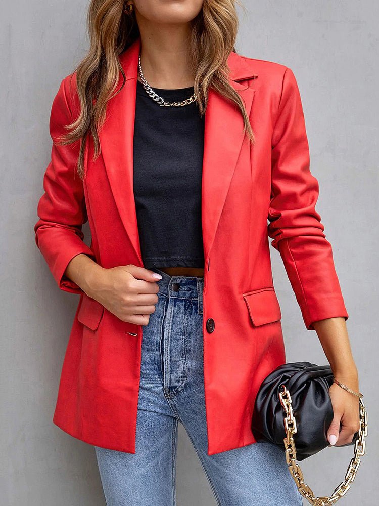 Stilla | Dame Blazere Solid Notched Lapel Flip Pocket Pu Læder Blazer