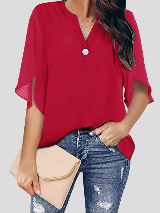 Stilla | Kvinders Bluser Afslappet V-hals Kort Ærme Chiffon Bluse