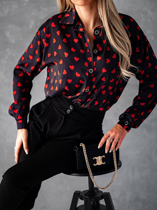 Stilla | Kvinders Bluser Krave Drop Skulder Hjerte Print Bluse