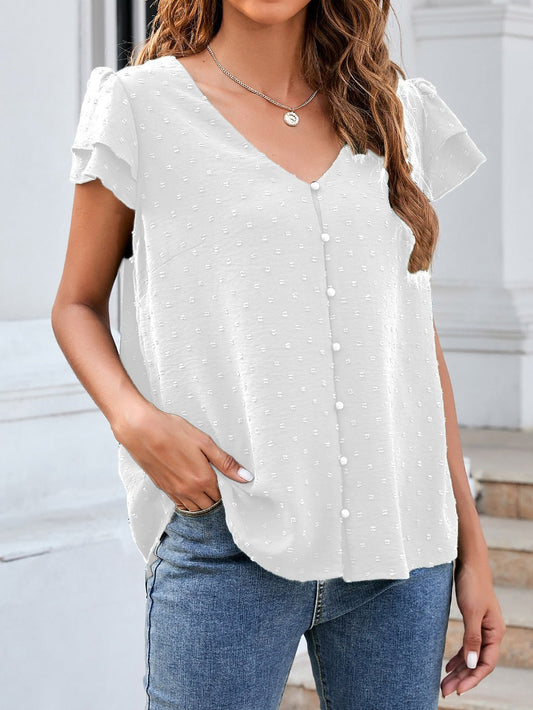Stilla | Kvinders Bluser Jacquard V-hals Knapper Rynke Kort Ærme Chiffon Bluse