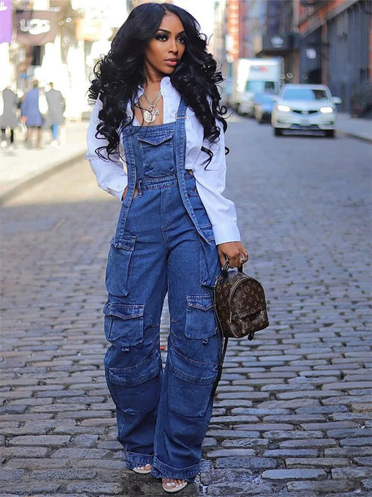 Stilla | Kvinders Cargo Denim Mode Designer Jumpsuits