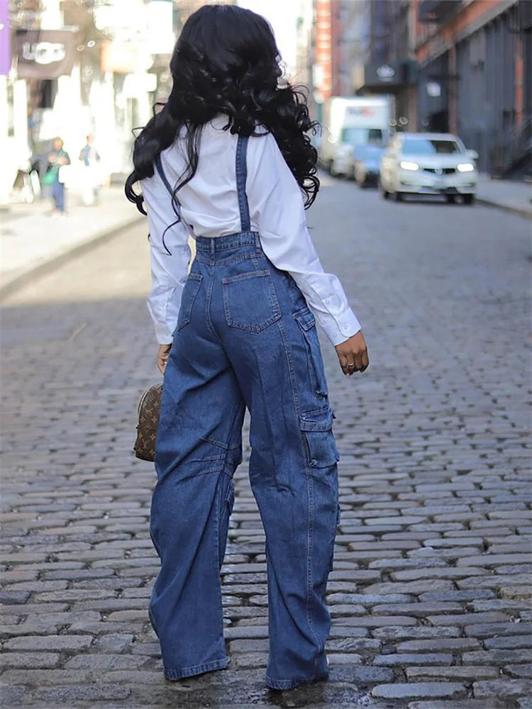 Stilla | Kvinders Cargo Denim Mode Designer Jumpsuits