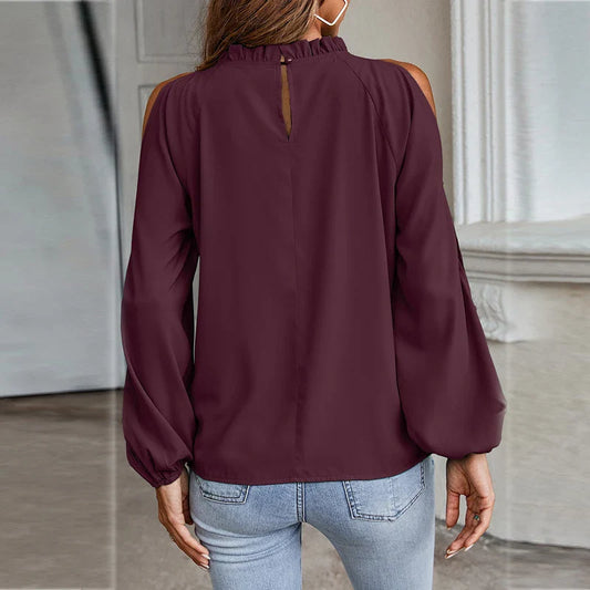 Stilla | Kvinders Chiffon Bluse Mode Designer Cold Shoulder Lange Ærmer Toppe