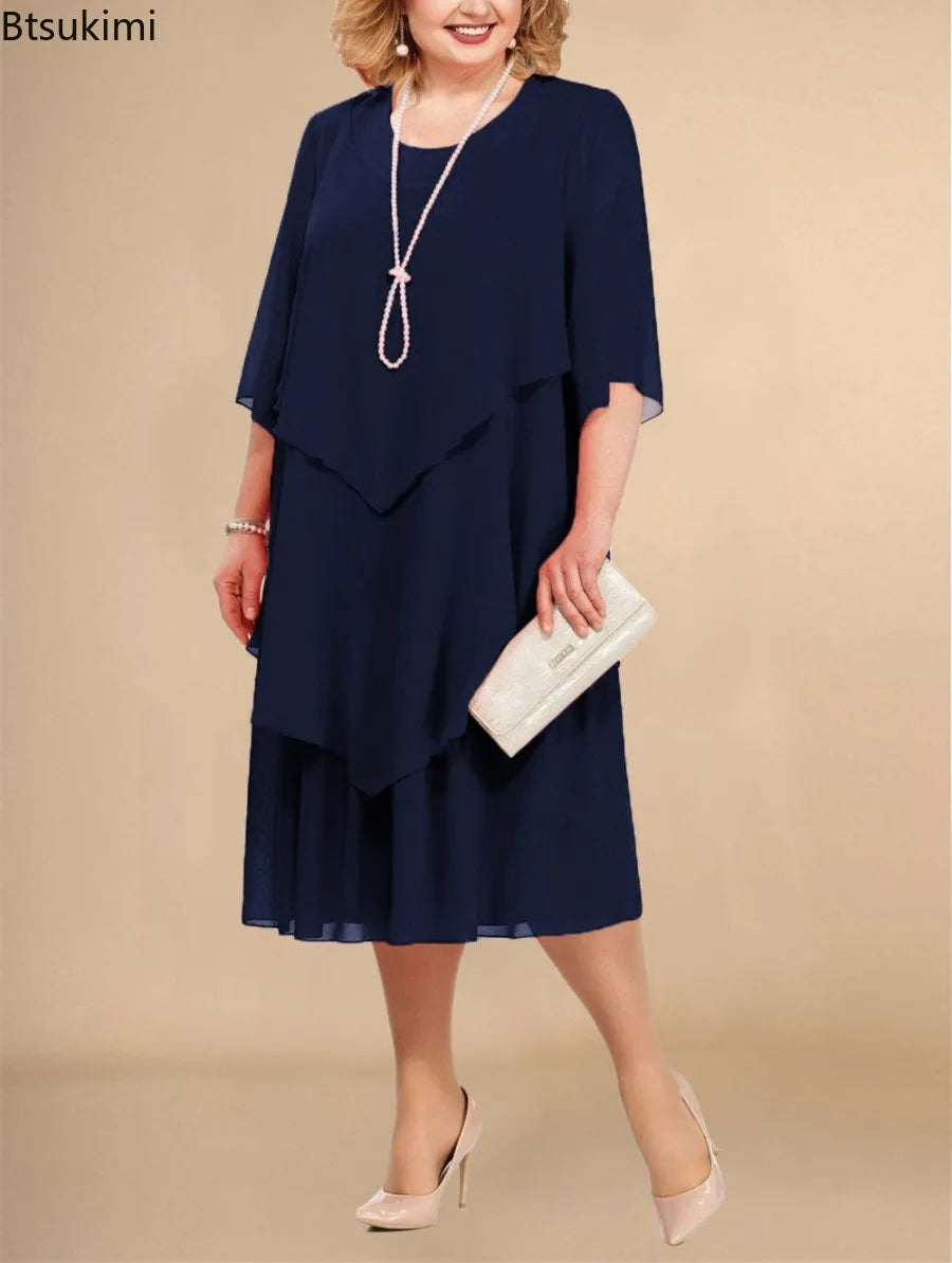 Stilla | Kvindernes Chiffon Lagdelte 3 5xl Mode Designer Midi Kjoler (plus Størrelse)