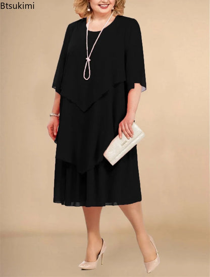 Stilla | Kvindernes Chiffon Lagdelte 3 5xl Mode Designer Midi Kjoler (plus Størrelse)