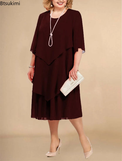 Stilla | Kvindernes Chiffon Lagdelte 3 5xl Mode Designer Midi Kjoler (plus Størrelse)