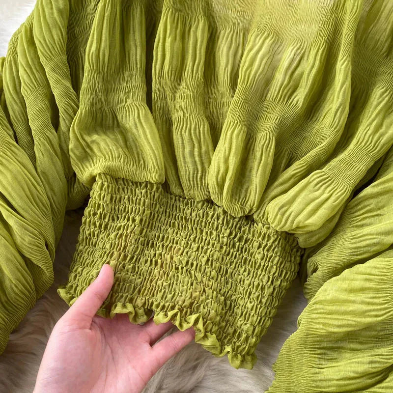 Stilla | Kvinders Chiffon Flæse Mode Designer Blusas Super Lange Ærmer Toppe