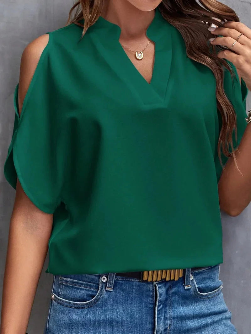 Stilla | Kvinders Cold Shoulder V-Hals Bluse Mode Designer Toppe T-Shirts