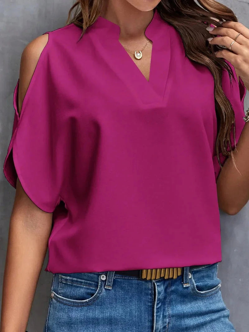 Stilla | Kvinders Cold Shoulder V-Hals Bluse Mode Designer Toppe T-Shirts