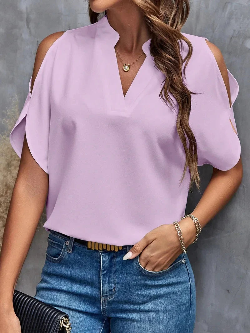 Stilla | Kvinders Cold Shoulder V-Hals Bluse Mode Designer Toppe T-Shirts
