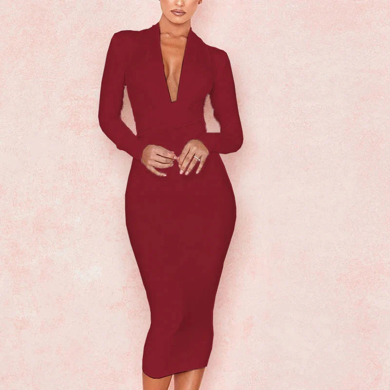 Stilla | Kvinders Dyb V-Hals Mode Designer Bodycon Kjoler (midi)