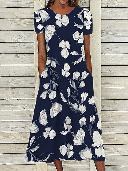 Stilla | Kvinder Kjoler Floral Rund Hals Kort Ærmet Lomme Kjole