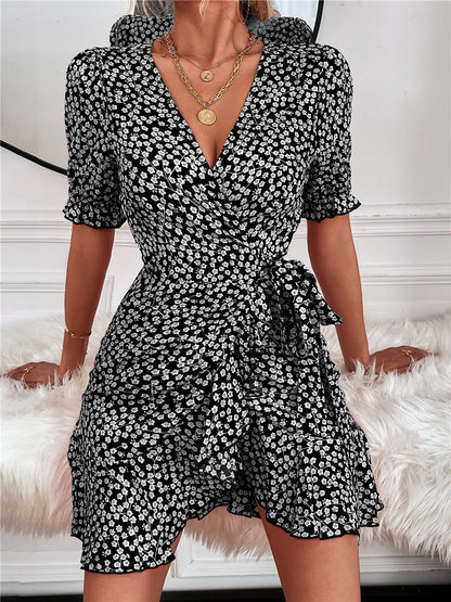 Stilla | Kvinders Kjoler Floral Print V-hals Bælte Kortærmet Kjole