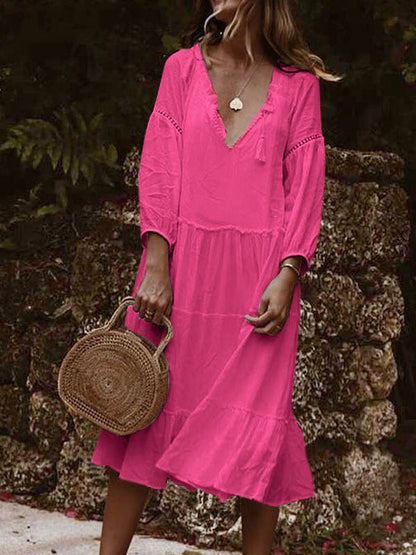 Stilla | Damernes Kjoler Løs V-hals Blonde Trekvartærmes Kjole