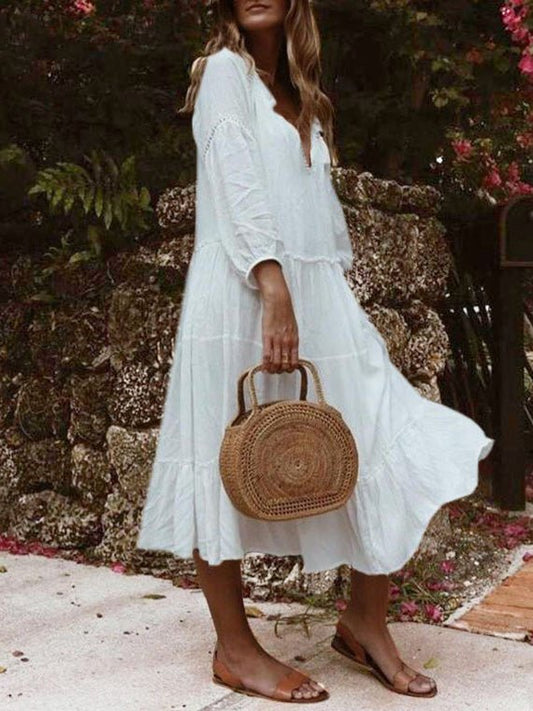 Stilla | Damernes Kjoler Løs V-hals Blonde Trekvartærmes Kjole