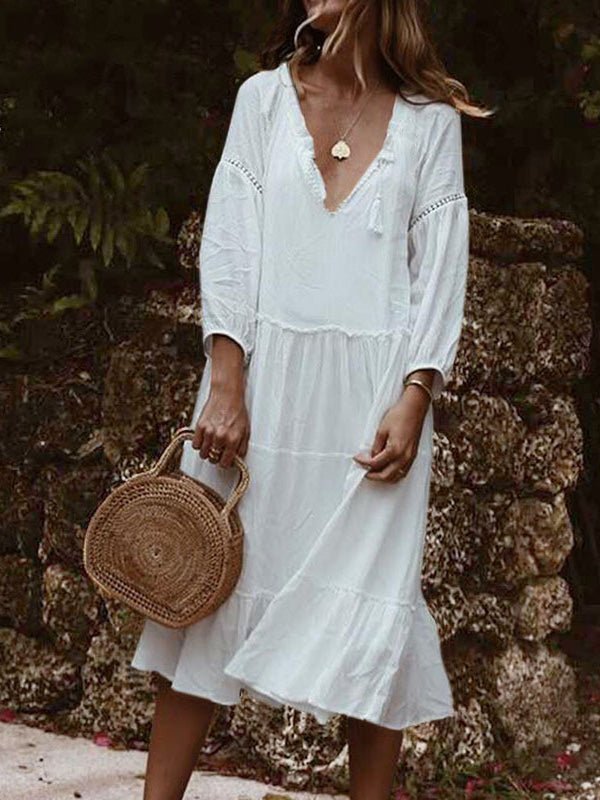 Stilla | Damernes Kjoler Løs V-hals Blonde Trekvartærmes Kjole