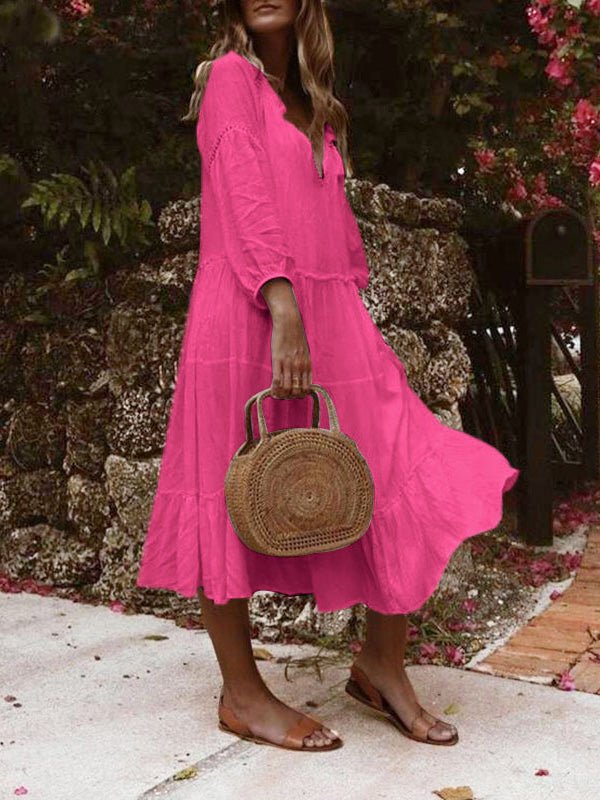 Stilla | Damernes Kjoler Løs V-hals Blonde Trekvartærmes Kjole