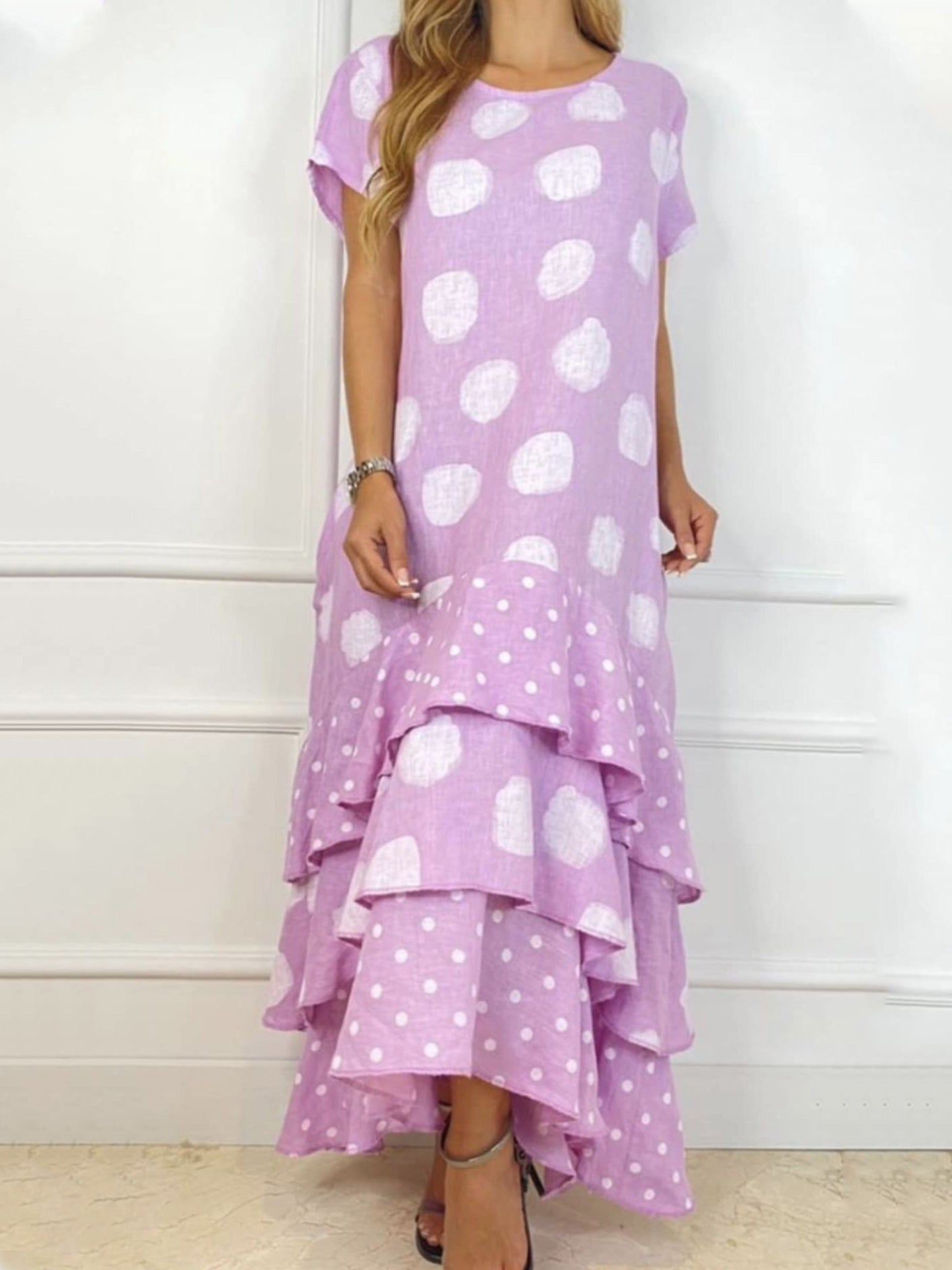 Stilla | Kvinders Kjoler Polka Dot Crew Neck Kort Ærme Flæse Kjole