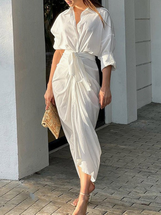 Stilla | Damekjoler Ensfarvet Slå Om Knap Plisseret Skjortekjole