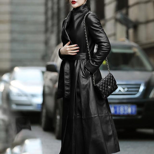 Stilla | Kvinders Falsk Læder Trench Coat Mode Designer Nerazzurri Jakker (plus Størrelse) Sort