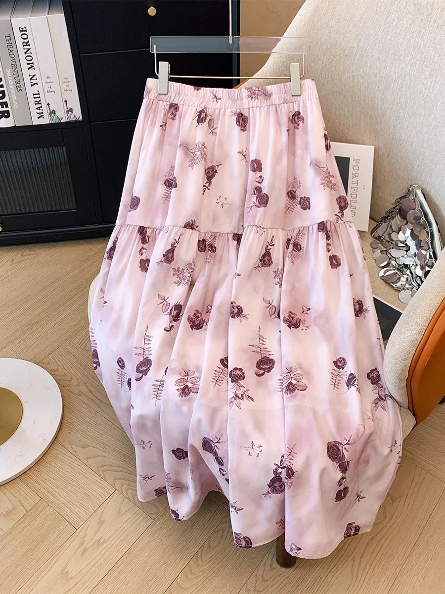 Stilla | Kvindernes Blomstret Chiffon Mode Designer 5 9xl Midi Nederdele (plus Størrelse)