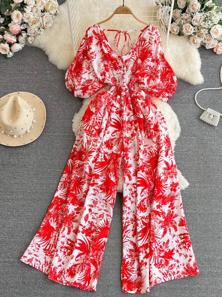 Stilla | Kvinders Blomstret V-Hals Rompers Lange Ærmer Mode Designer Jumpsuits