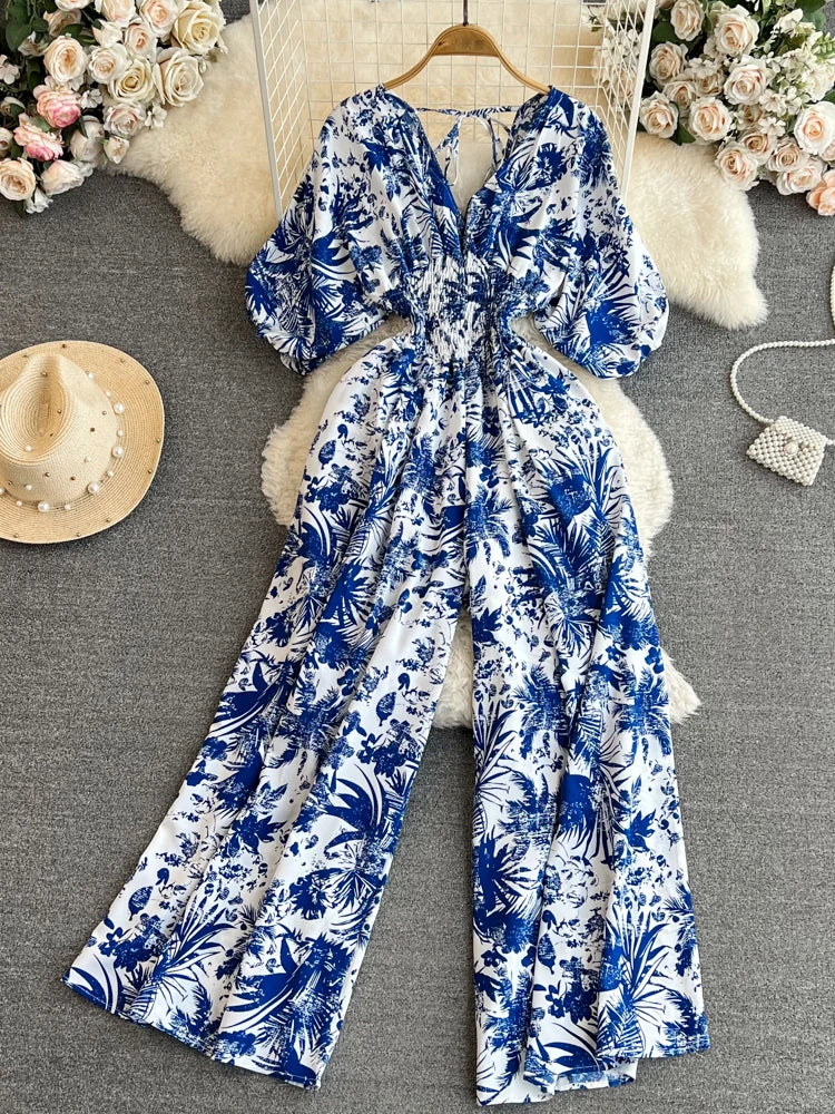 Stilla | Kvinders Blomstret V-Hals Rompers Lange Ærmer Mode Designer Jumpsuits