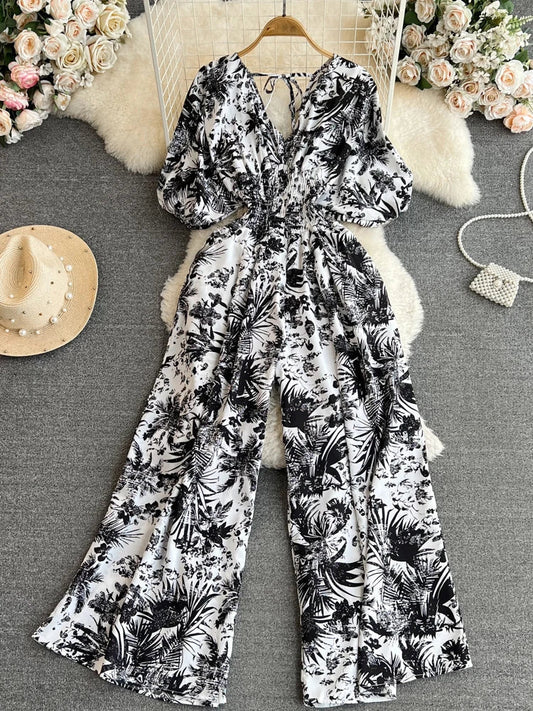 Stilla | Kvinders Blomstret V-Hals Rompers Lange Ærmer Mode Designer Jumpsuits