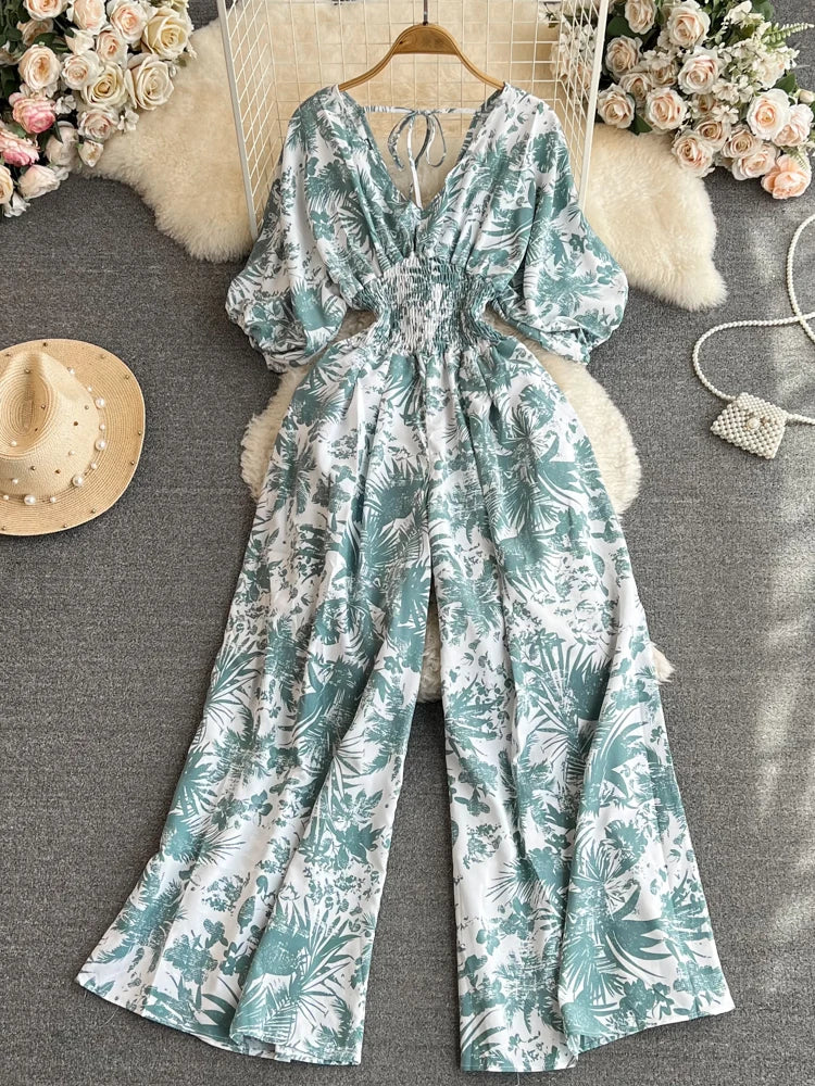 Stilla | Kvinders Blomstret V-Hals Rompers Lange Ærmer Mode Designer Jumpsuits