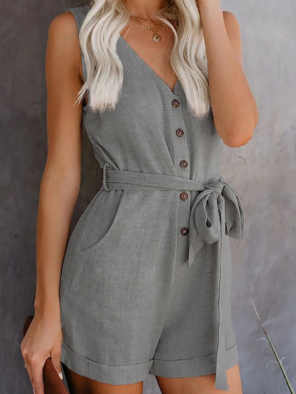 Stilla | Kvinders Jumpsuits Afslappet V-hals Knapper Lace up Lomme Jumpsuit