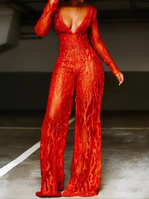 Stilla | Kvinders Jumpsuits Sequin Dyb V-lange Ærmer Bred Ben Jumpsuit
