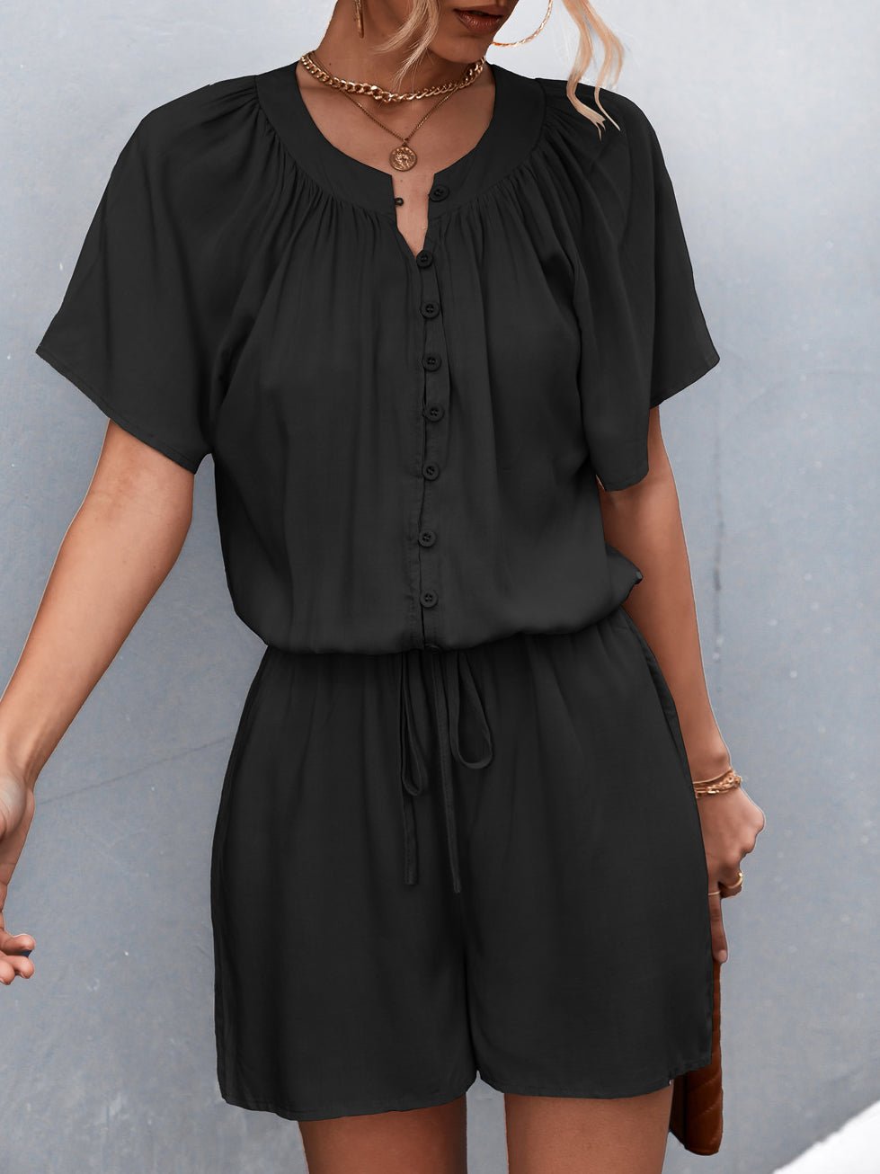Stilla | Kvinders Jumpsuits Solid Knap Plisseret Snørebånd Jumpsuit