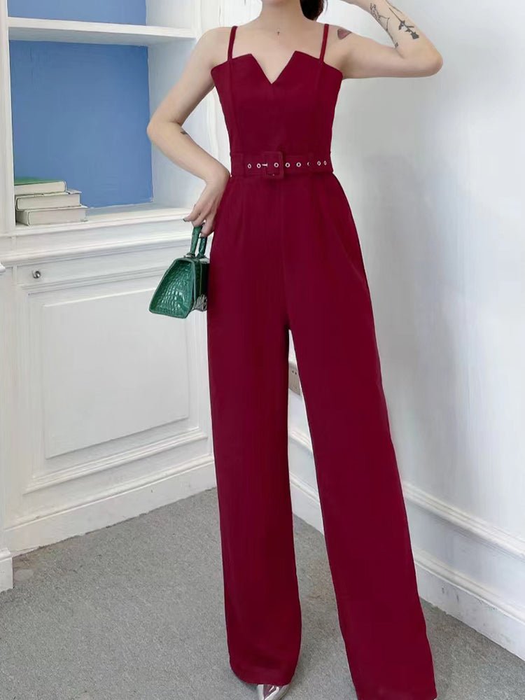 Stilla | Kvinders Jumpsuits Strop Notched V-hals Bælte Bred Ben Bukser Jumpsuit