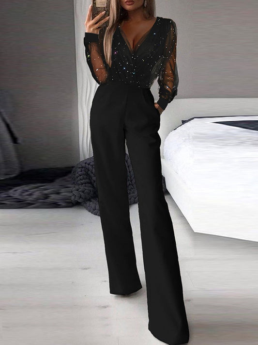 Stilla | Dame Jumpsuits V-hals Mesh Langærmet Jumpsuit