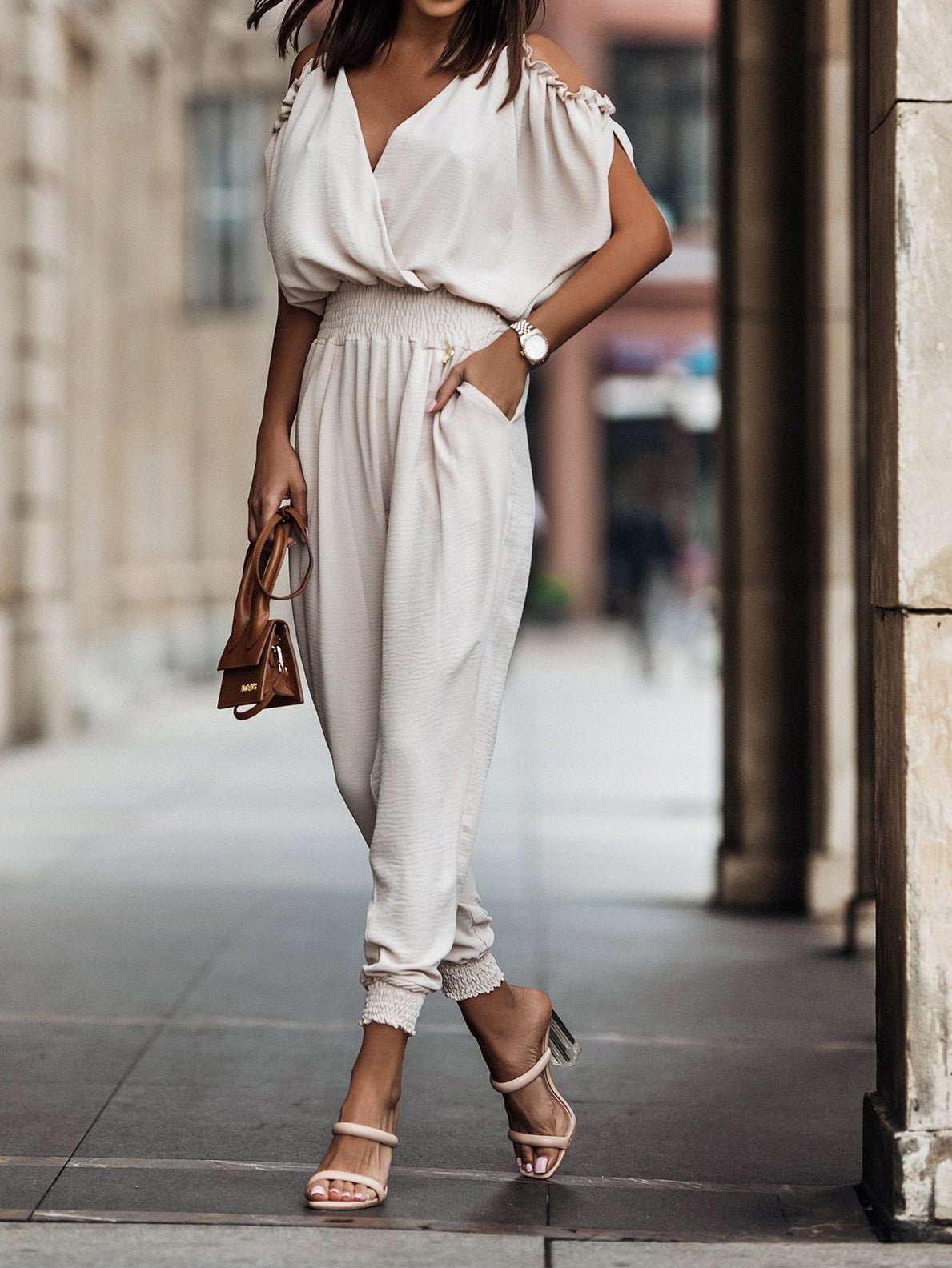 Stilla | Kvinders Jumpsuits V-hals Off Shoulder Elastisk Talje Lomme Jumpsuit