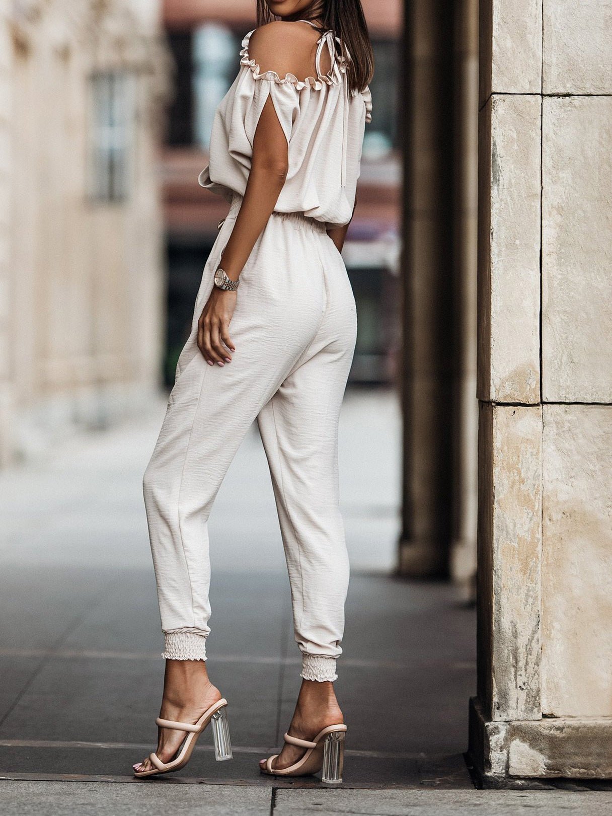 Stilla | Kvinders Jumpsuits V-hals Off Shoulder Elastisk Talje Lomme Jumpsuit