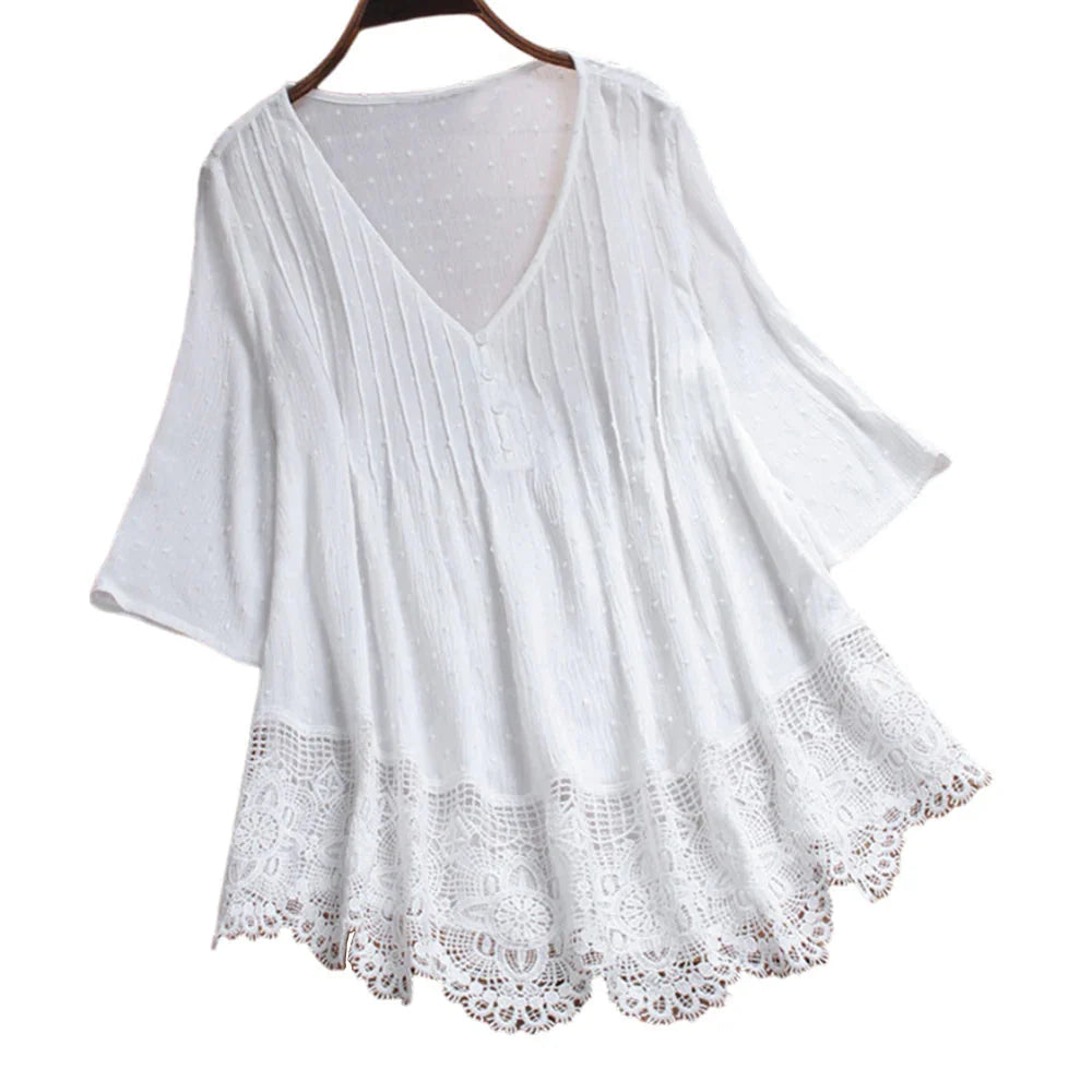 Stilla | Kvinders Blonde Kant Bluse 5xl V-Hals Mode Designer T-Shirts (over Size)
