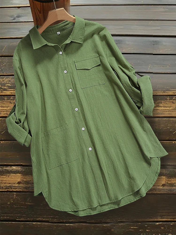 Stilla | Kvinders Revers Knap Bluse Mode Designer 5xl Skjorter Langærmede Toppe (plus Størrelse)