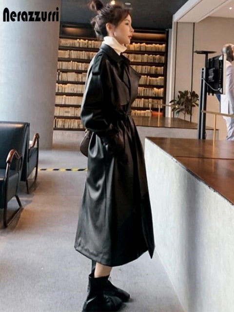 Stilla | Kvinders Nerazzurri Designer Læder 2 7xl Trench Coats (plus Størrelse)