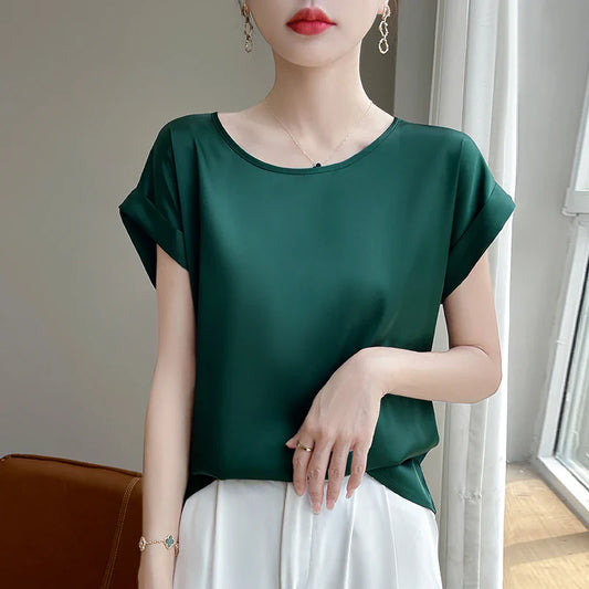 Stilla | Kvinders O-Hals Top Mode Designer Bluse Satin T-Shirts