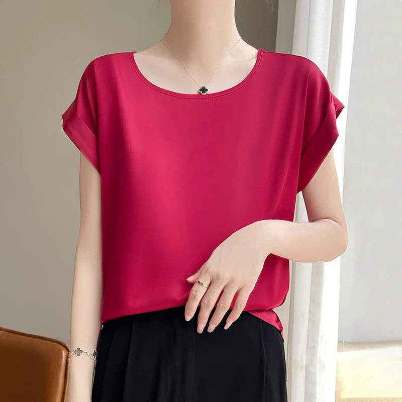 Stilla | Kvinders O-Hals Top Mode Designer Bluse Satin T-Shirts
