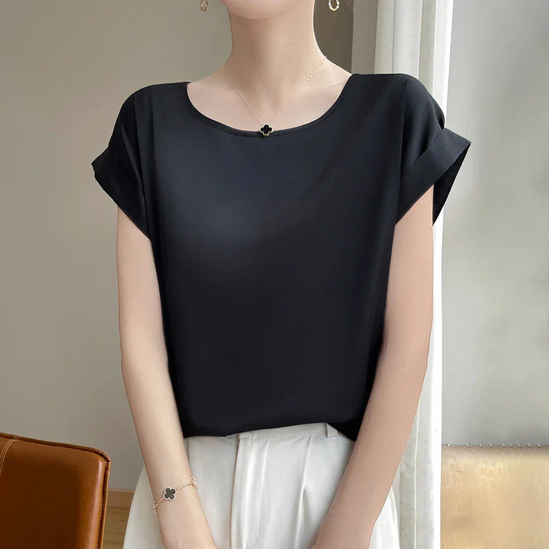 Stilla | Kvinders O-Hals Top Mode Designer Bluse Satin T-Shirts