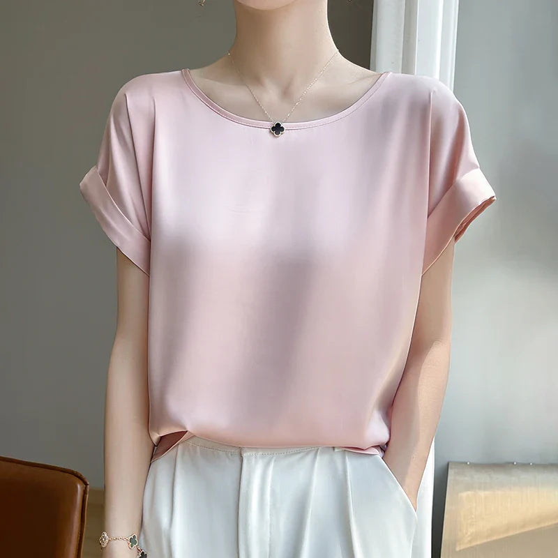 Stilla | Kvinders O-Hals Top Mode Designer Bluse Satin T-Shirts