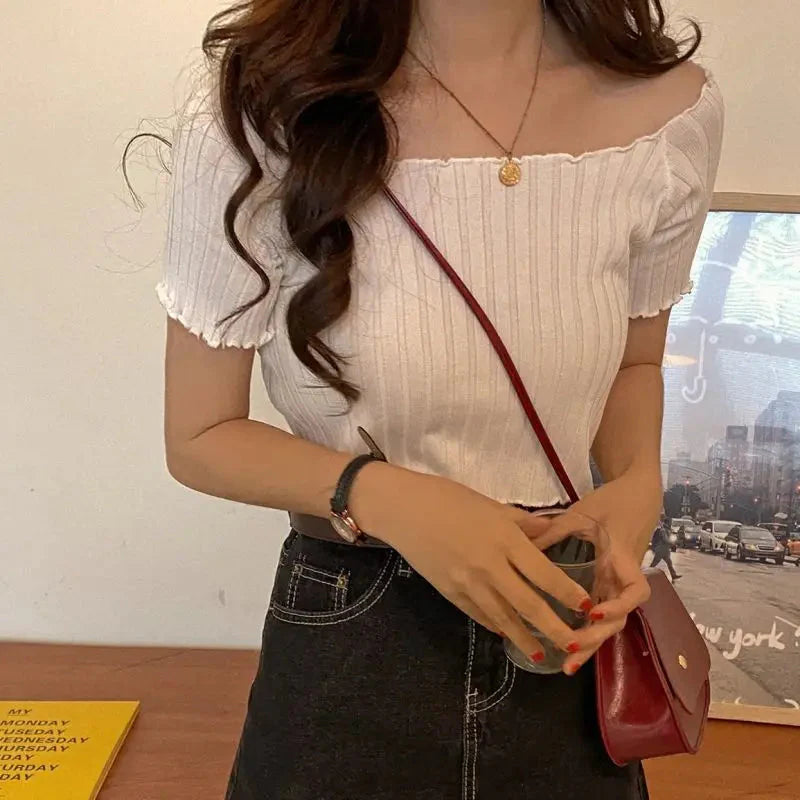 Stilla | Kvinders Off Shoulder Strikket Ribbet Mode Designer T-Shirts