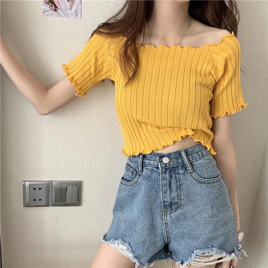Stilla | Kvinders Off Shoulder Strikket Ribbet Mode Designer T-Shirts