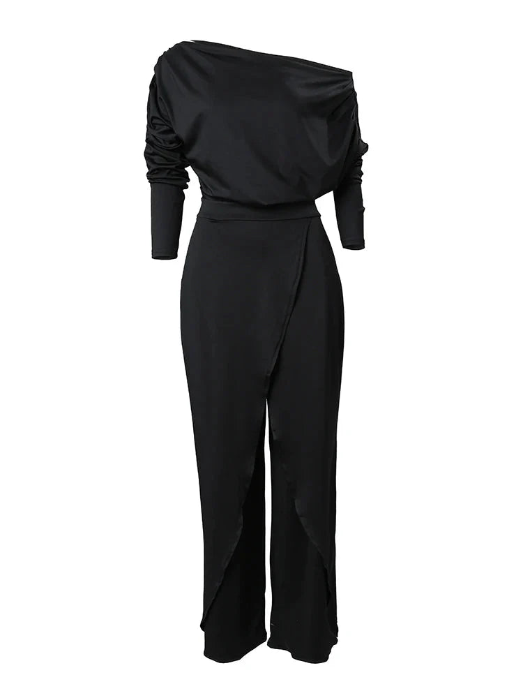 Stilla | Kvindernes Én Skulder Asymmetrisk Rynket Mode Designer Jumpsuits