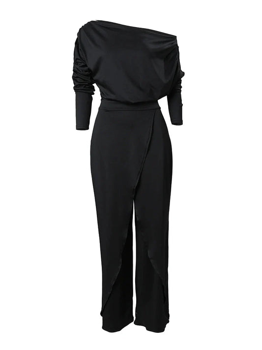 Stilla | Kvindernes Én Skulder Asymmetrisk Rynket Mode Designer Jumpsuits