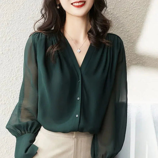 Stilla | Kvinders Puff Ærme Chiffon Bluse Mode Designer Langærmede Toppe