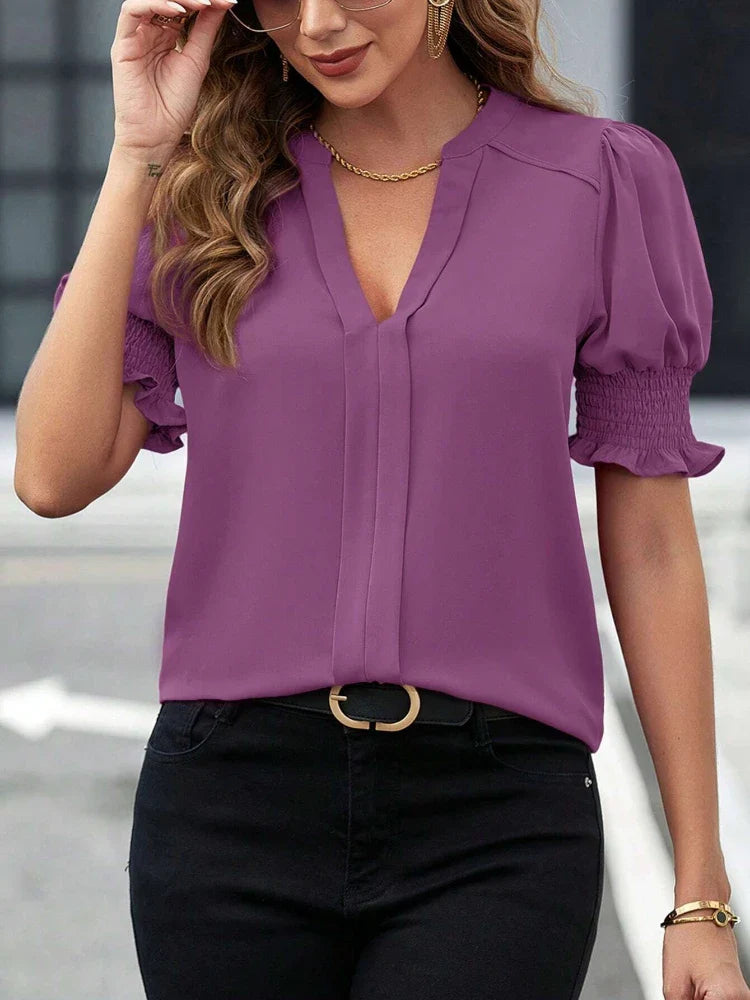 Stilla | Kvinders Puff Ærme V-Hals Bluse Toppe Mode Designer T-Shirts