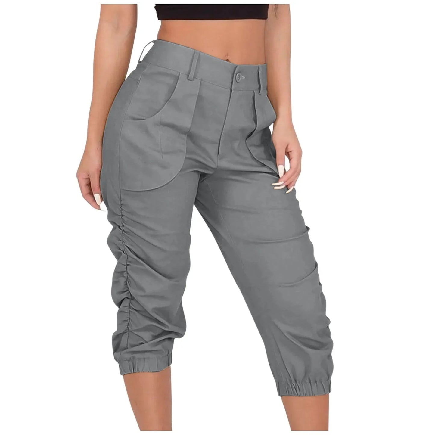 Stilla | Kvinders Afslappet Pasform Ruched 3/4 Fashion Designer Cargo Høj Talje Bukser